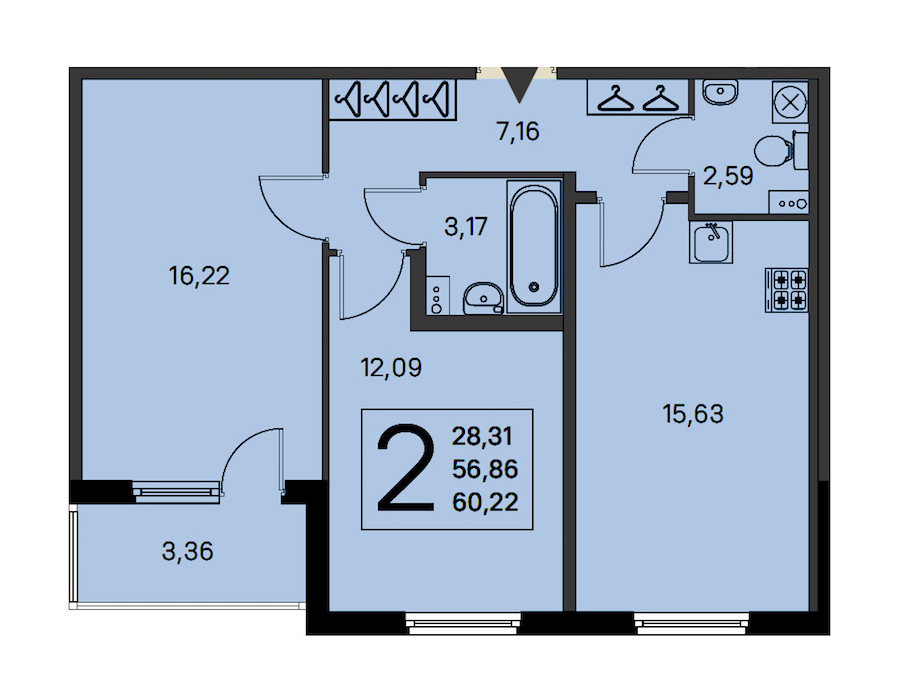 2-комнатная квартира 56.86 м², 2/4 эт., ЖК «Любоград в Стрельне»